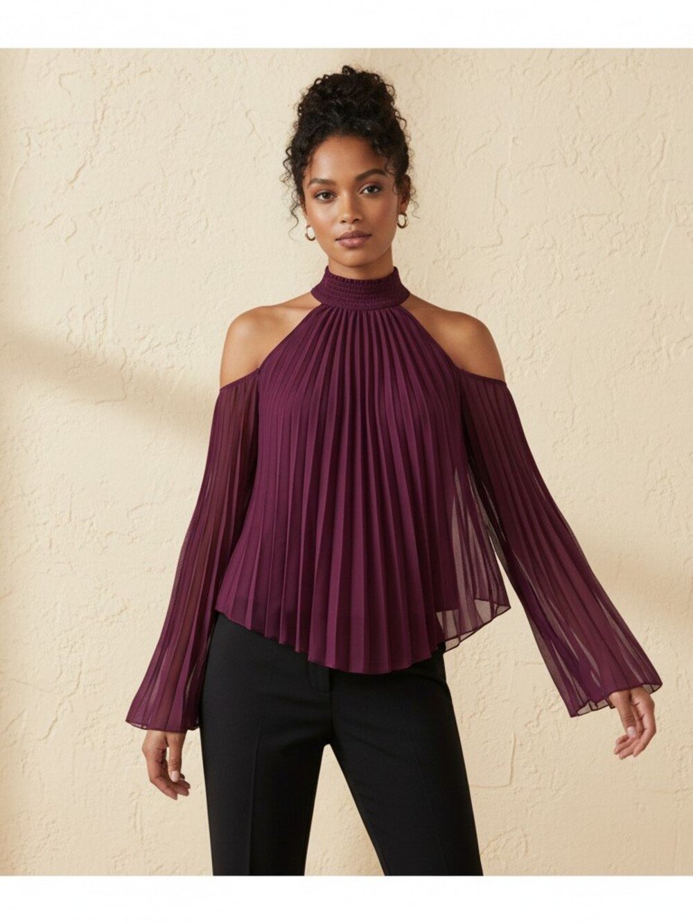 Express Pleated Cold-Shoulder Halter Blouse